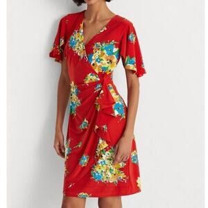 Lauren Ralph Lauren LRL Gladys Hibiscus Floral Jersey Faux Wrap Flutter Dress